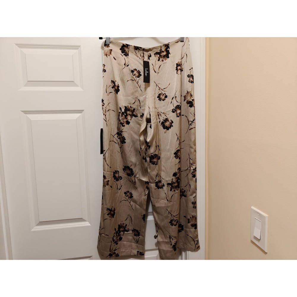 Lulus Women Large Tan Floral‎ Satin Wide Leg High Rise Trousers New - Picture 2 of 8